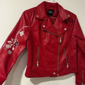 Urban Retro floral detailed red faux leather jacket. Size Medium